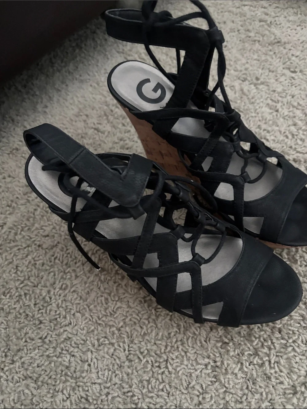 GUESS Black Lace-Up Cutout Wedge Sandals